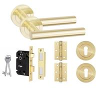 Golden Grace Straight T-Bar Design Key Lock Door Handle Set Hinges and Mortise Lock Satin Brass