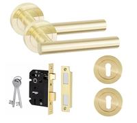 Golden Grace Straight T-Bar Design Key Lock Door Handle Set Thumbturn and Mortise Lock Satin Brass