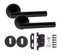 Golden Grace Straight T-Bar Design Key Lock Door Handles Set on Round Rose in Matt Black Finish with 64mm 3 Lever Mortise Lock & Key Hole