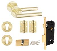 Golden Grace Straight T-Bar Door Handle Euro Lock Set, Satin Brass | Includes 1 pair of 3-inch ball bearing hinges, a rose base escutcheon, a 70mm cylinder, keys, and a 9-inch Euro lock body.
