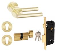 Golden Grace Straight T-Bar Door Handle Euro Thumbturn Set, Satin Brass | Includes euro profile escutcheon, metal keys and 70mm lock cylinder for a complete setup to easily refresh interior doors