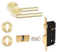 Golden Grace Straight T-Bar Door Handle Set, 70mm Euro Lock, Satin Brass | Satin brass finish metal handles on a rose base, supplied with matching escutcheon and key-operated 3-key cylinder.