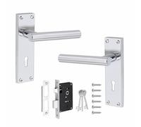 Golden Grace Straight T-Bar Door Handles, Polished Chrome Key Lock Set | Includes 150mm x 40mm backplate and 64mm 3-lever lock set; corrosion-resistant zinc ensures durability for wooden doors.