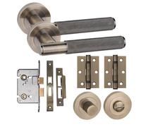 Golden Grace Straight T-Bar Knurled Bathroom Internal Door Handle Set Thumbturn Hinges And Mortise Lock Antique Brass