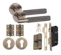 Golden Grace Straight T-Bar Knurled Euro 70mm Dual Key Lock Internal Door Handle Set Euro Lock With Hinges Antique Brass
