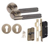 Golden Grace Straight T-Bar Knurled Euro 70mm Key Lock Internal Door Handle Set Euro Lock Antique Brass