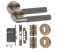Golden Grace Straight T-Bar Knurled Key Lock Internal Door Handle Set Hinges And Mortise Lock Antique Brass