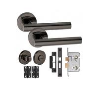Golden Grace T-Bar Bathroom Door Handle Lock Set, Metallic Black | Includes matching thumbturn, 63mm mortise lock, and 75mm ball bearing hinges with all necessary screws for easy setup.