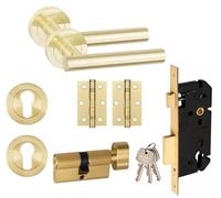 Golden Grace T-Bar Euro Lock Door Handle Set with Hinges, Satin Brass | Satin Brass metal finish. Includes 1 pair of 3" ball bearing hinges, escutcheon, 70mm cylinder and 9" lock body.