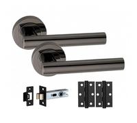Golden Grace T-Bar Handle on Rose with Hinges and Latch Set, 1 Set | Sprung lever in metallic black for internal doors; complete with fixing screws, spindle, and 75mm ball bearing fittings.