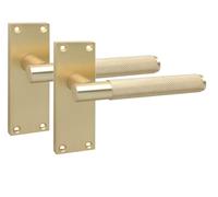 Golden Grace T-Bar Knurled Door Handle, 1 Pair Satin Brushed Brass 120x40mm | Includes spindle and fixing screws for quick fitting, with matching Victorian-style bathroom or lock versions available.