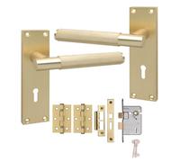 Golden Grace T-Bar Knurled Victorian Lock Door Handle 3 Lever Lock Satin Brushed Brass Finish 150mm Long and Hinges