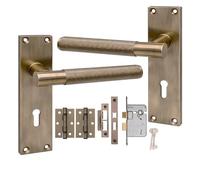 Golden Grace T-Bar Linear Victorian Lock Door Handle 3 Lever Lock Antique Brass Finish 150mm Long and Hinges