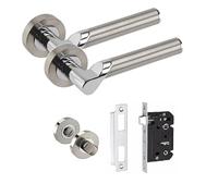 Golden Grace Titan Design Bathroom WC Toilet Door Handles Set on Round Rose in Satin Nickel Polished Chrome Finish with 64mm Bathroom Mortise Lock & Thumbturn