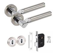 Golden Grace Titan Design Key Lock Door Handles Set on Round Rose in Satin Nickel Polished Chrome Finish with 64mm 3 Lever Mortise Lock & Key Hole