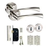 Golden Grace Twist Astrid Style Modern Chrome Lock Door Handles on Rose with Duo Finish Door Lever Latch Pack with Ball Bearing Hinges and 64mm Mortise Lock and 2 Keys (Lock Set)