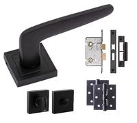 Golden Grace Venus Bathroom Door Handles on Square Rose in Stunning Matte Black Finish Complete with 1 Pair of Ball Bearing Hinges, Mortise Lock & Matching Thumbturn