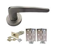 Golden Grace Venus Door Handles on Round Rose in Satin Stainless Steel Finish, Complete with Hinges & Tubular Latch - 1 Pair