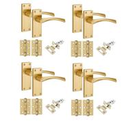 Golden Grace Victorian Astrid Door Handle Sets, 4 Pairs Satin Brass | Includes 2.5 inch tubular latch, ball bearing hinges, spindle, and screws for quick, easy zinc alloy plate installation.