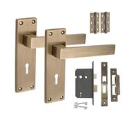 Golden Grace Victorian Delta Scroll Lock Door Handle 3 Lever Lock Antique Brass Finish 150mm Long and Hinges