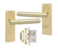 Golden Grace Victorian Knurled Bathroom Lock Door Handles, Satin Brass | Supplied with 150x40mm backplates, spindles, screws and a 2.5 inch mortise lock, adding a classic satin brass finish.