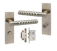 Golden Grace Victorian Knurled Door Handles, Antique Brass, Bathroom Set | Honeycomb hex cut T-bar handles with a 150mm x 40mm backplate include spindles, screws, and a 2.5 inch mortise lock.