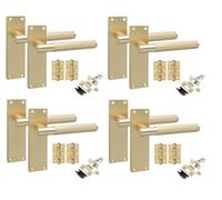Golden Grace Victorian Knurled Latch Door Handles Satin Brushed Brass 4 Set | Solid zinc alloy build with 150x40mm plain-edge backplates; includes ball bearing hinges, spindles, and fixing screws.