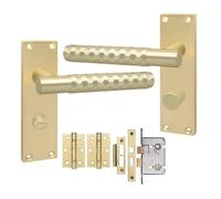 Golden Grace Victorian Knurled T-Bar Bathroom Door Handles, Satin Brass | Includes 2.5-inch bathroom mortise lock, hinges, spindle and screws for quick installation on zinc alloy backplates.