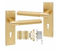 Golden Grace Victorian Linear T-Bar Lock Door Handle 3 Lever Lock Satin Brass Finish 150mm Long and Hinges
