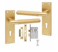 Golden Grace Victorian Lock Door Handle 150x40mm, Satin Brass Key Lock Set | Includes 3-lever lock, spindle and fixing screws for rapid installation. Elegant classic plain edge style in metal.