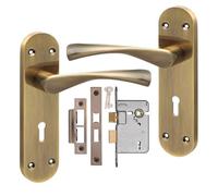Golden Grace Victorian Long Plate Astrid Design Lock Door Handle with 2.5" 3 Lever Lock Antique Brass Finish 182mm x 45mm