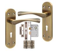 Golden Grace Victorian Long Plate Astrid Design Scroll Lock Door Handle 3 Lever Lock Antique Brass Finish 182mm Long and Hinges
