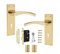 Golden Grace Victorian Scroll Astrid Door Handles in Polished Brass Lever Lock with 3 Lever Lock Set with 1 Pair of 3" Standard Butt Hinges