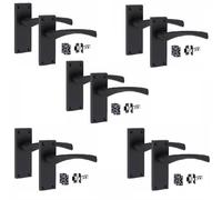 Golden Grace Victorian Scroll Astrid Door Handles Latch in Matt Black with 1 Pair of 3" Ball Bearing Hinges & Latches Pack, 5 Sets - 120mm x 40mm Backplate