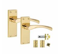 Golden Grace Victorian Scroll Astrid Door Handles Latch in Polished Brass with 1 Pair of 3" Standard Butt Hinges & Latches Pack, 1 Set - 120mm x 40mm Backplate