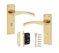 Golden Grace Victorian Scroll Bathroom Door Handle Set, Polished Brass | Polished brass zinc handles come with a 64mm bathroom mortise lock, providing secure locking for internal wooden doors.