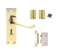 Golden Grace Victorian Scroll Bathroom Door Handles with 64mm Bathroom Lock Set and 1 Pair of 3" Butt Hinges in Premium Polished Brass Finish