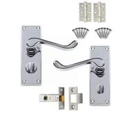 Golden Grace Victorian Scroll Door Handle in Polished Chrome with 1 Pair of 3" Ball Bearing Hinges & 63mm Latch, Privacy Pack - 120mm