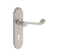 Golden Grace Victorian Scroll Door Handle on Shaped Backplate Lever Lock in Satin Brushed Chrome Finish