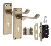 Golden Grace Victorian Scroll Door Handle with 2.5" 3 Lever Lock & Hinges Antique Brass 150mm x 40mm