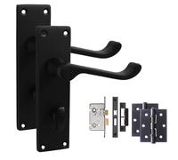 Golden Grace Victorian Scroll Door Handles Bathroom WC Toilet Lock in Matt Black Finish with Bathroom Mortise Lock Set & 1 Pair of 3" Ball Bearing Hinges