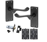 Golden Grace Victorian Scroll Door Handles Latch in Matt Black Finish with Black Ball Bearing Hinges & Latch Pack, 1 Set - 120mm x 40mm Backplate