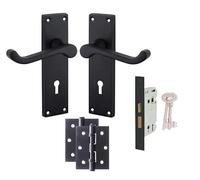 Golden Grace Victorian Scroll Door Handles Lever Lock in Matt Black Finish with 3 Lever Lock and Keys & 1 Pair of 3" Ball Bearing Hinges - 150mm x 40mm