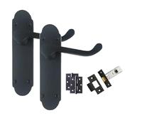 Golden Grace Victorian Scroll Latch Door Handle Pack, Matt Black, 1 Set | Complete kit includes a 64mm tubular latch, matching hinges, spindle and screws for seamless installation on a single door.