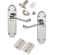 Golden Grace Victorian Scroll Latch Door Pack, Polished Chrome, 1 Set | Epsom design shaped backplates with 75mm zinc hinges, spindle, and fixing screws for complete, hassle-free fitting.