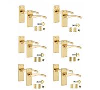 Golden Grace Victorian Scroll Latch Handles, Polished Brass, 6 Sets | Includes 1 pair of 3-inch standard butt hinges and a 64mm tubular latch per set on an elegant 120mm x 40mm metal backplate.