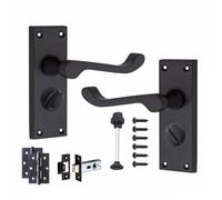 Golden Grace Victorian Scroll Privacy Door Handle in Matt Black Finish with 3" Ball Bearing Hinges & 2.5" Tubular Latch - 120mm x 40mm Backplate