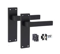 Golden Grace Victorian Straight Delta Door Handles Latch in Matt Black with 1 Pair of 3" Ball Bearing Hinges & Latches Pack, 1 Set - 150mm x 40mm Backplate