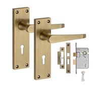 Golden Grace Victorian Straight Door Handles, 3 Lever Lock, Antique Brass
