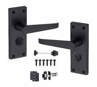 Golden Grace Victorian Straight Door Handles Privacy Pack, Privacy Set | Includes 3-inch ball bearing hinges and 64mm privacy latch for wood doors, durable zinc build in a matt black finish.